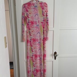 Women's Sheer Pink Print Long Sleeve Maxi Dress